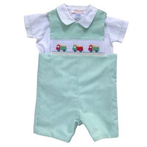 Anavini Green Smocked Shortall JonJon & Shirt Outfit Dump Trucks Boy's 12M